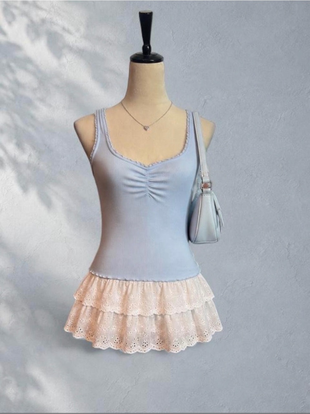 Old Navy Light Blue Lace-Trim Tank with Cream Eyelet Ruffle Hem
